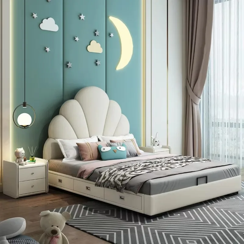 Modern Simple Children's Soft Cloth Bed - Girl Princess Bed - Pink Fashion Shell Single Bed
