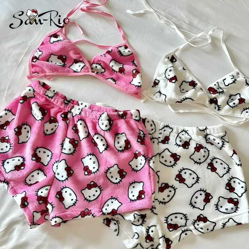 

Sanrio Hello Kitty, плюшевый женский пижамный комплект, одежда для сна, 2 шт., короткие майки и шорты, сексуальная домашняя одежда, женские розовые пижамные комплекты с бюстгальтером