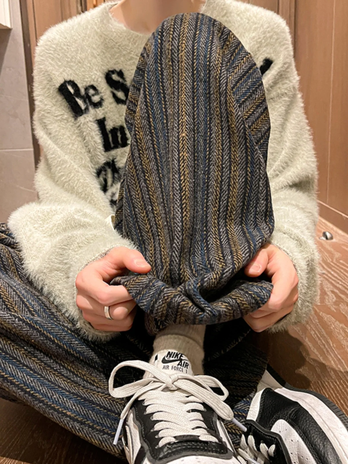 

American Retro Hiphop Wide Leg Men's Pants Striped Splicing Sports Loose Casual Long Trousers Youthful Vitality Style