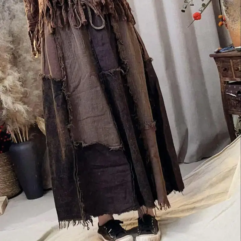 

Новинка 2023 года, весенне-осенняя женская свободная юбка трапециевидной формы с эластичной резинкой на талии, винтажная лоскутная хлопково-льняная длинная юбка высокого качества