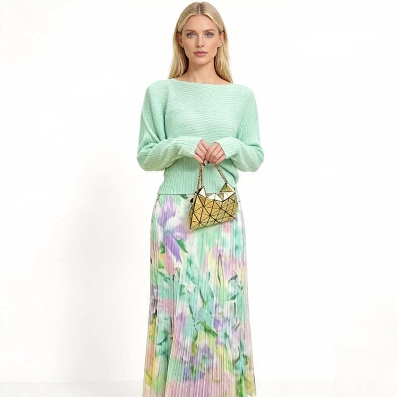 

Miyake Pleated New 2026 High-End Design Waist-Cinching Korean Style Long-Sleeve Women's Top with Girl Print Casual Skirt Set