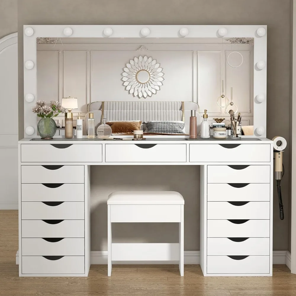 Vanity Desk with Power Outlet, Makeup Vanity with Lighting Mirror, Vanity Desk Set