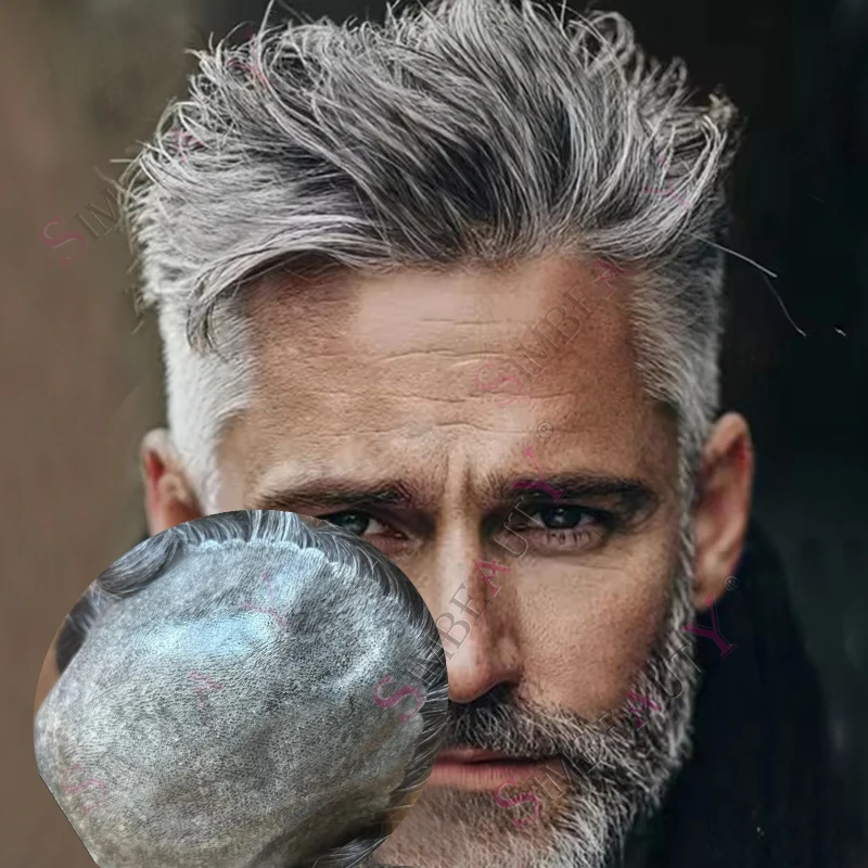 

Мужской парик-накладка (тупе) для пожилых мужчин, серо-черный, 1B50, 1B80, 1B65, из прочного полимерного материала (PU) с микропокрытием, тонкая кожа, 100% натуральные человеческие волосы, недорогой капиллярный протез