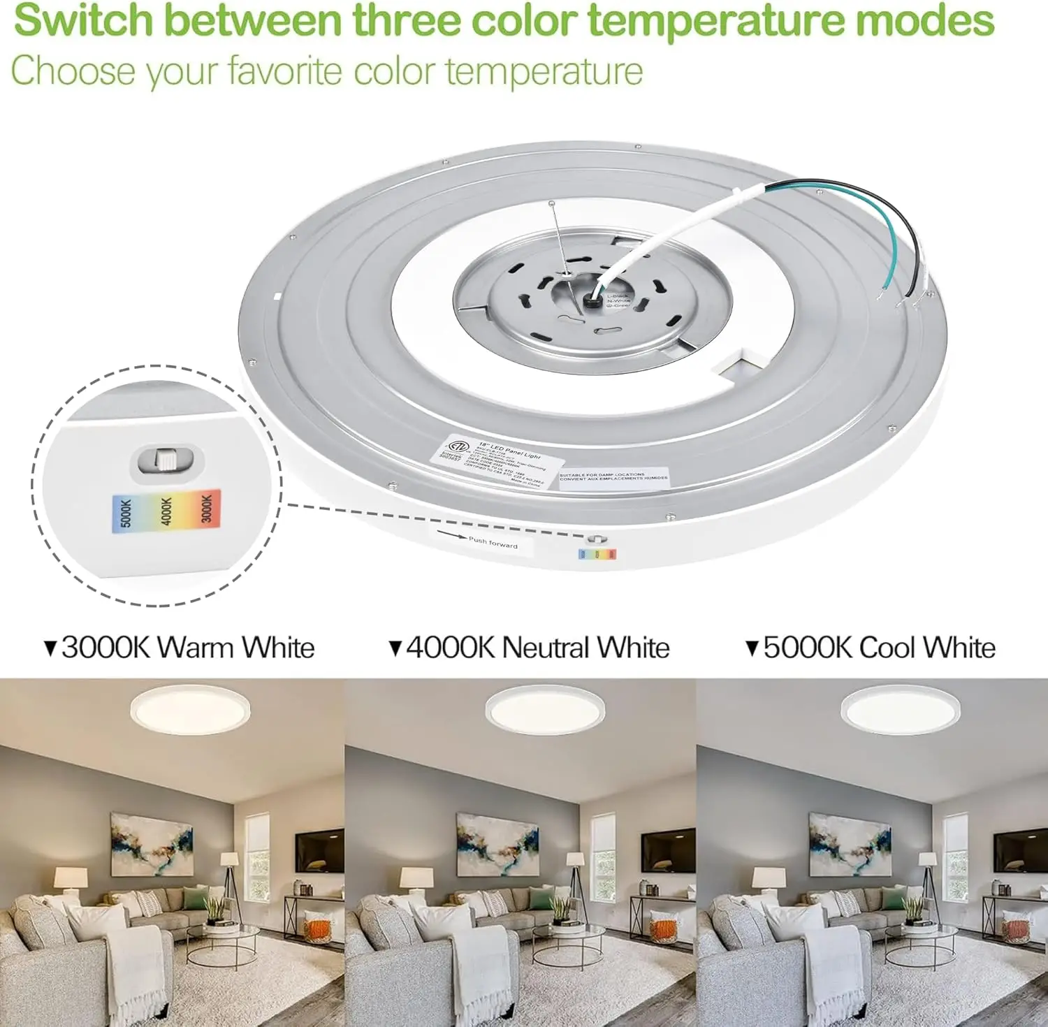 Hykolity Luz de panel plano redondo LED de 18 pulgadas, blanco, 32W, 3200Lm, 3000K/4000K/5000K Cct seleccionable, 120 ° Ángulo de haz, regulable