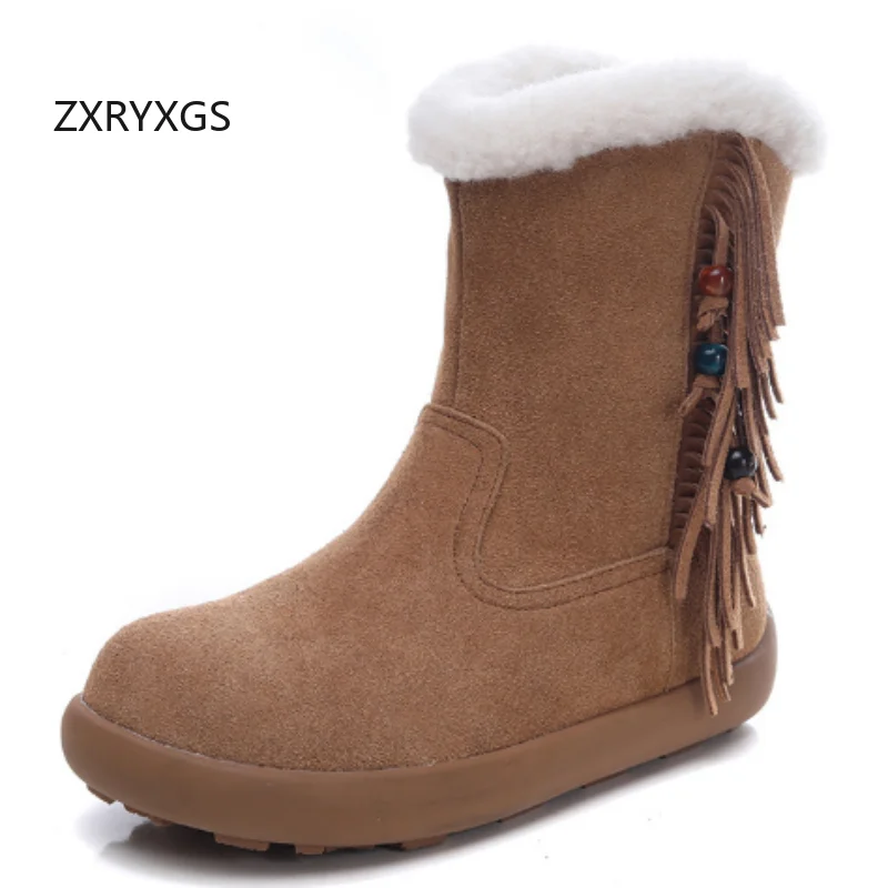 

ZXRYXGS Premium Matte Cowhide Tassel Boots Warm Comfortable Snow Boots Cotton Shoes Flat Soft Non-slip Women Fashion Boots 2025