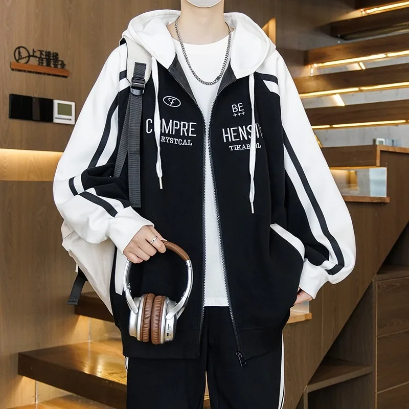 

Autumn New Men's Hoodies Jackets 2025 Youth Color Blocked Hooded Sweatshirt for Men Clothing Sportswear Slim Fit Casual Jacket