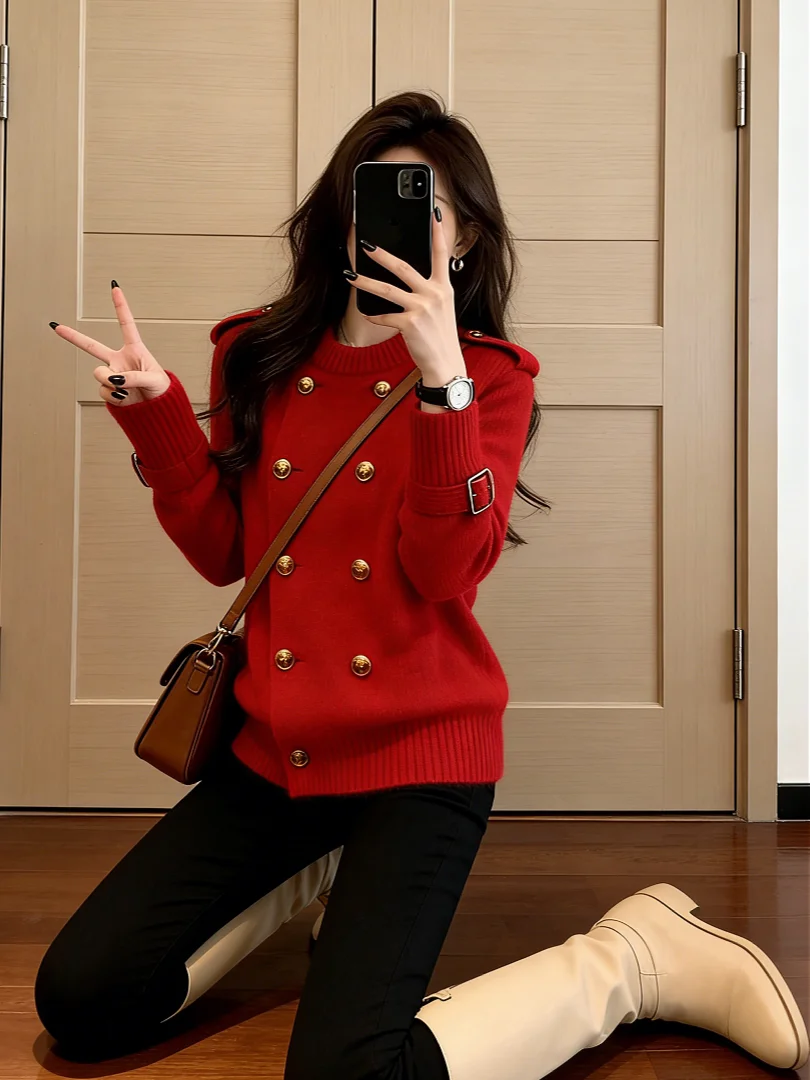 

Изысканный красный вязаный кардиган или топ для ношения под одеждой, красивый корейский стиль, зимняя мода, высококачественный, роскошный, легкий