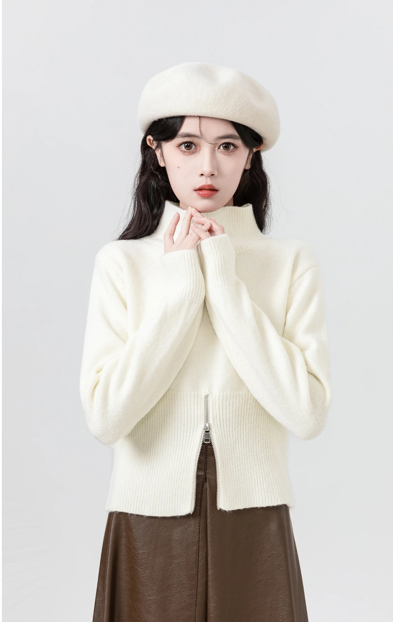 Short White High Collar Sweater For Women Spring Autumn New Style Gentle Wind Zipper Fork Design Soft Knitted Sweater Small Top