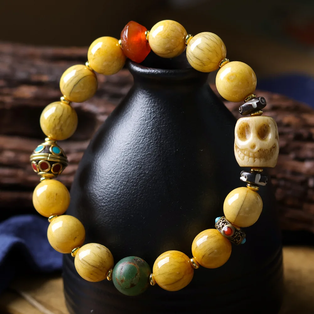 

Tibetan Yak Bone Round Bead Bracelet with Yak Horn Spacers and Nepalese Accessories Ethnic Style Jewelry for Men Gifts