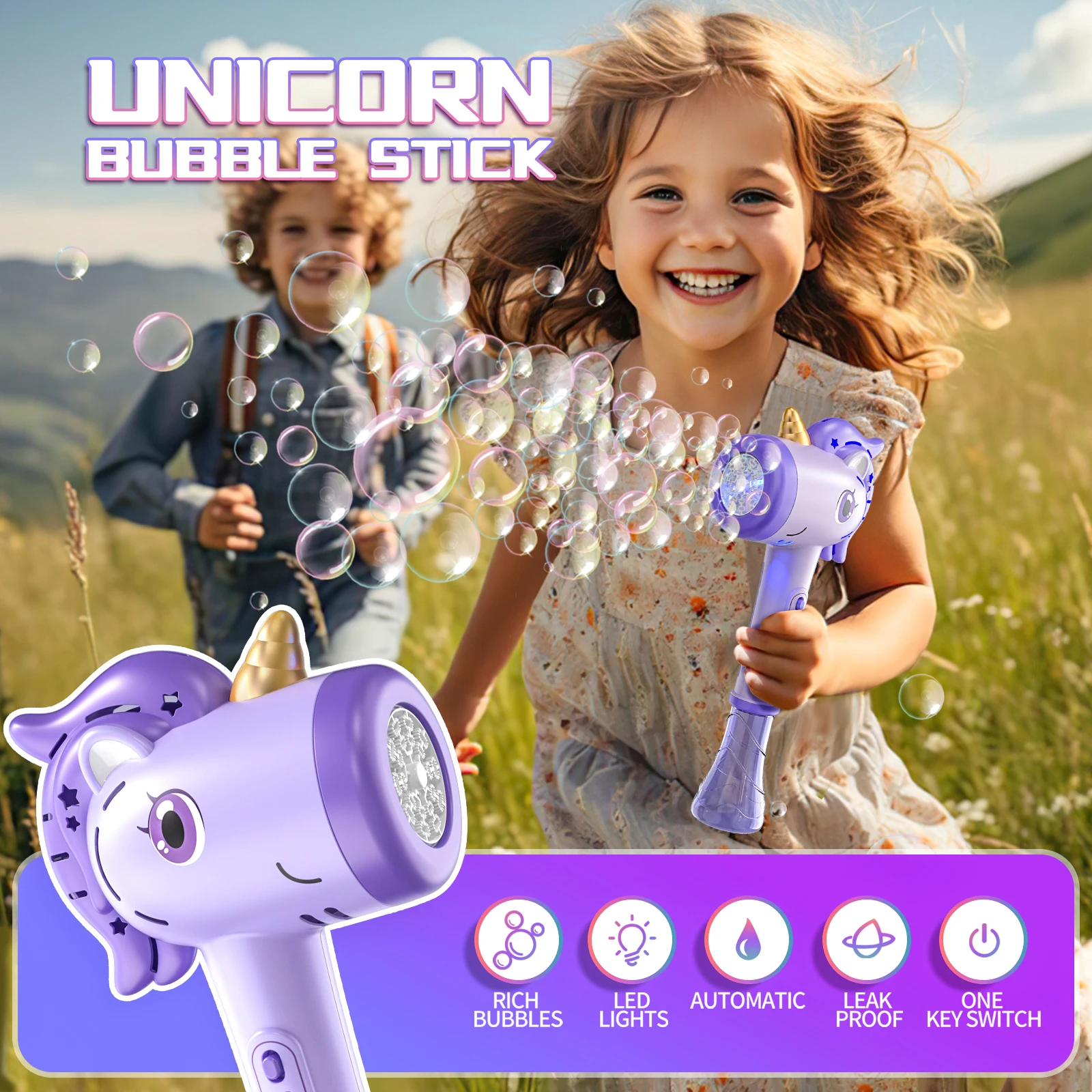 Einhorn-Seifenblasenmaschine, automatische Seifenblasenmaschine mit Fantasy-LED-Lichtern, Outdoor-Seifenblasenspielzeug für Kinder ab 3 Jahren, inklusive Seifenblasenlösung – Detail 5