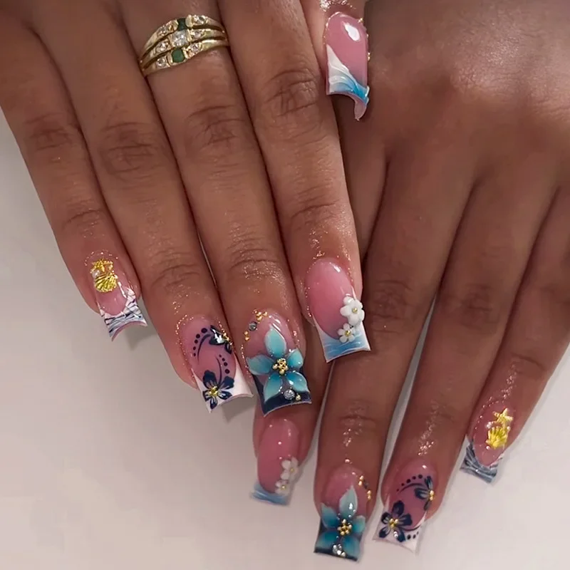 

Pink & Blue 3D Flower Press On Nails, Ocean Themed Square Tip Fake Nails with Rhinestone Decor, Reusable Glossy Acrylic Nails for Women Daily Party, Wholesale Bulk Available