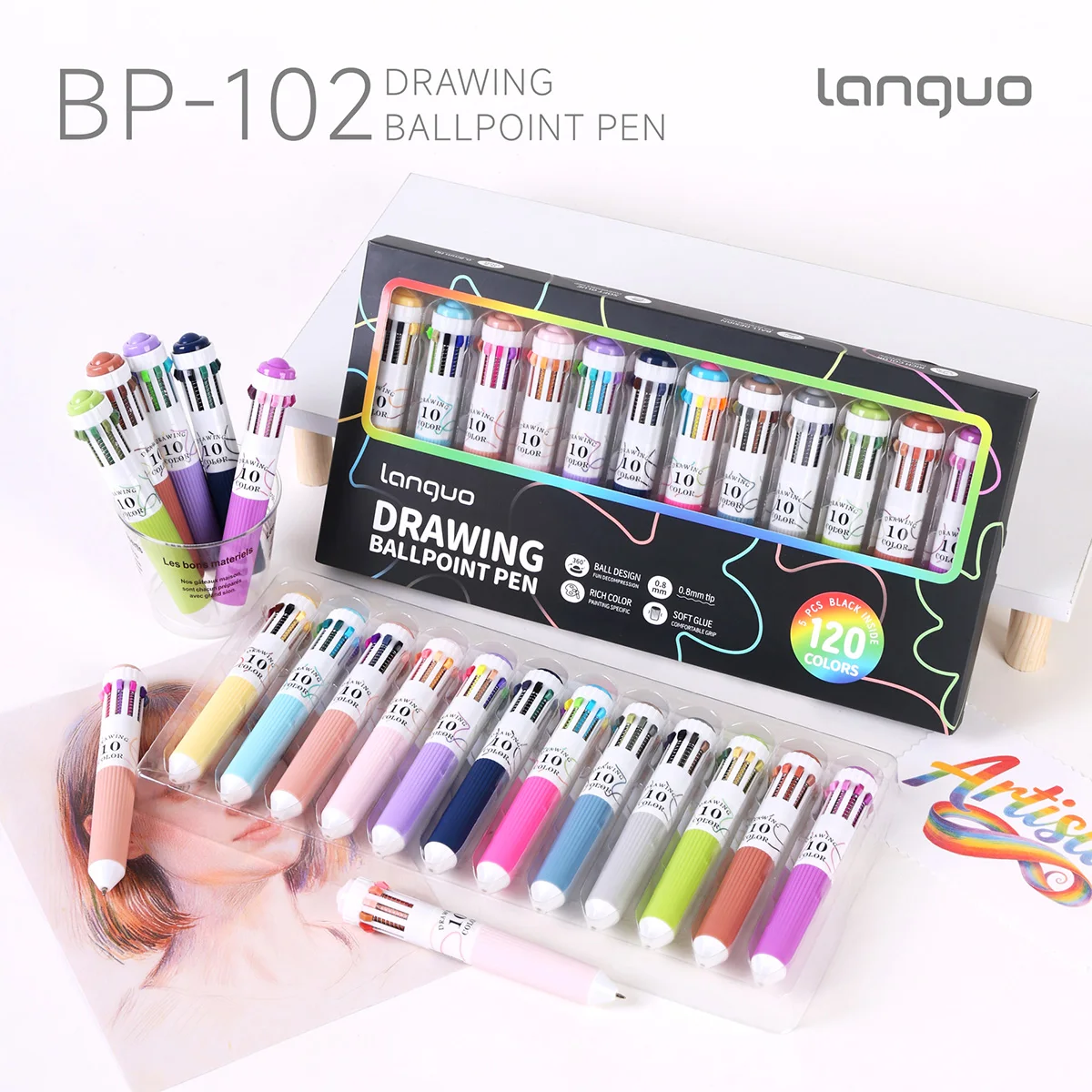 

Набор шариковых ручек LANGUO 28/60/120 цветов, 10-в-1, многоцветные ручки для рисования, 0,8 мм, с мягким захватом, для письма, канцелярские товары