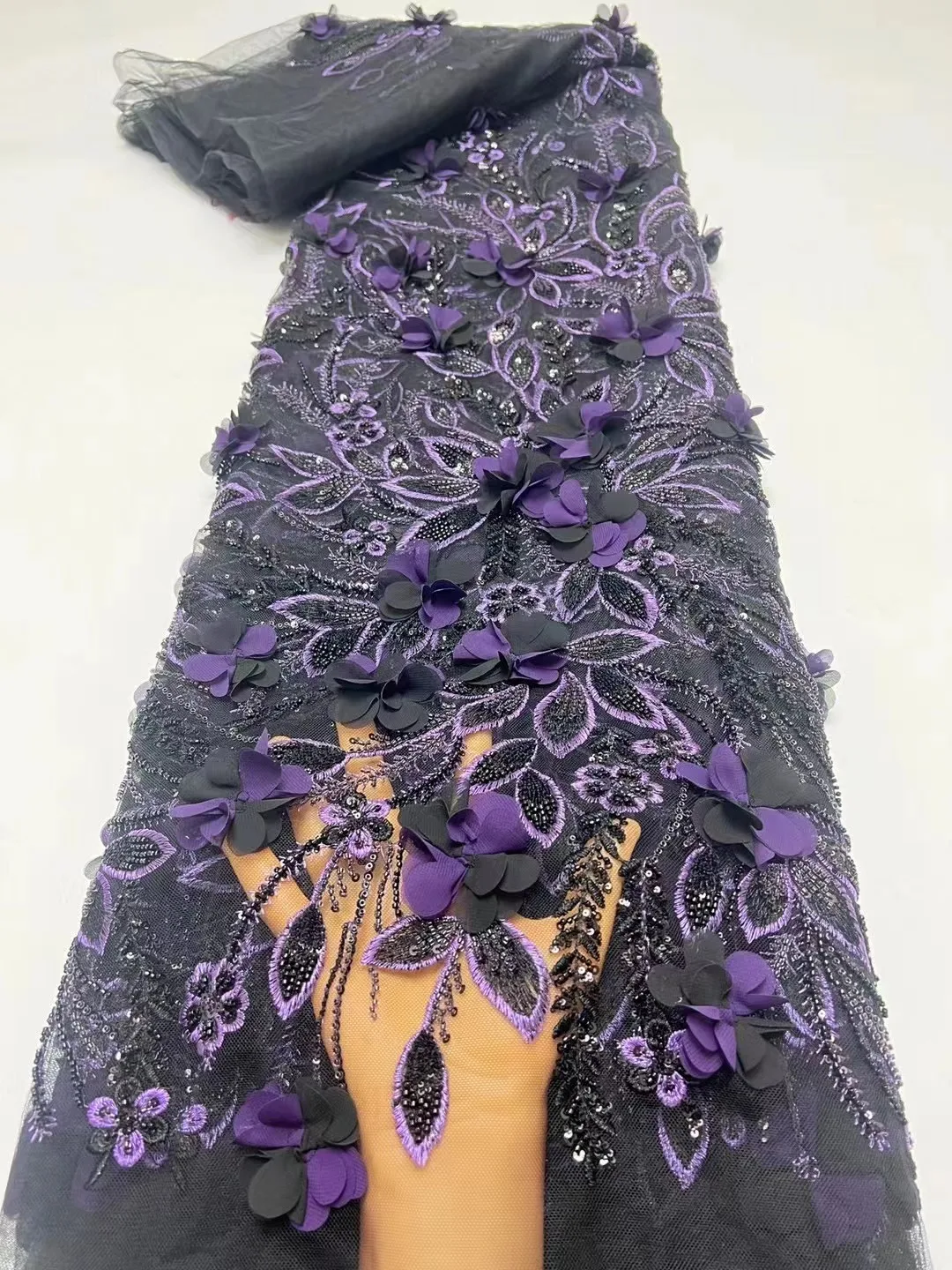 Purple African 3D Flower Lace Fabric for Women, High Quality Groom,French and Nigerian Lace Fabrics for Party and Wedding