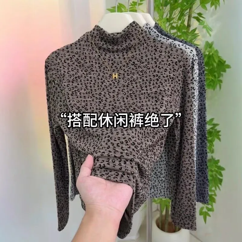Women Vintage Leopard Print Turtleneck Tops Autumn Winter Fleece Warm Half High Collar Long Sleeve Slim Fit Under Shirt Plus Siz