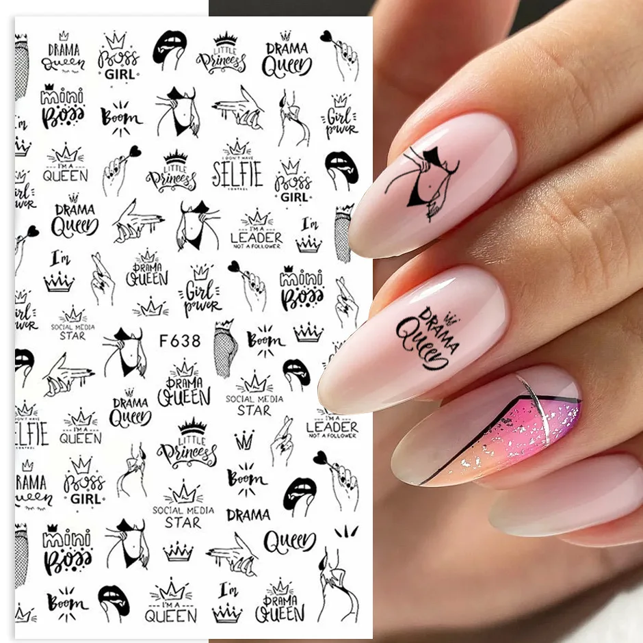 Flor abstracta de amor en blanco y negro, decoración de uñas, deslizador de uñas, pegatina de Arte de uñas de mujer Sexy, adorno de Arte de uñas