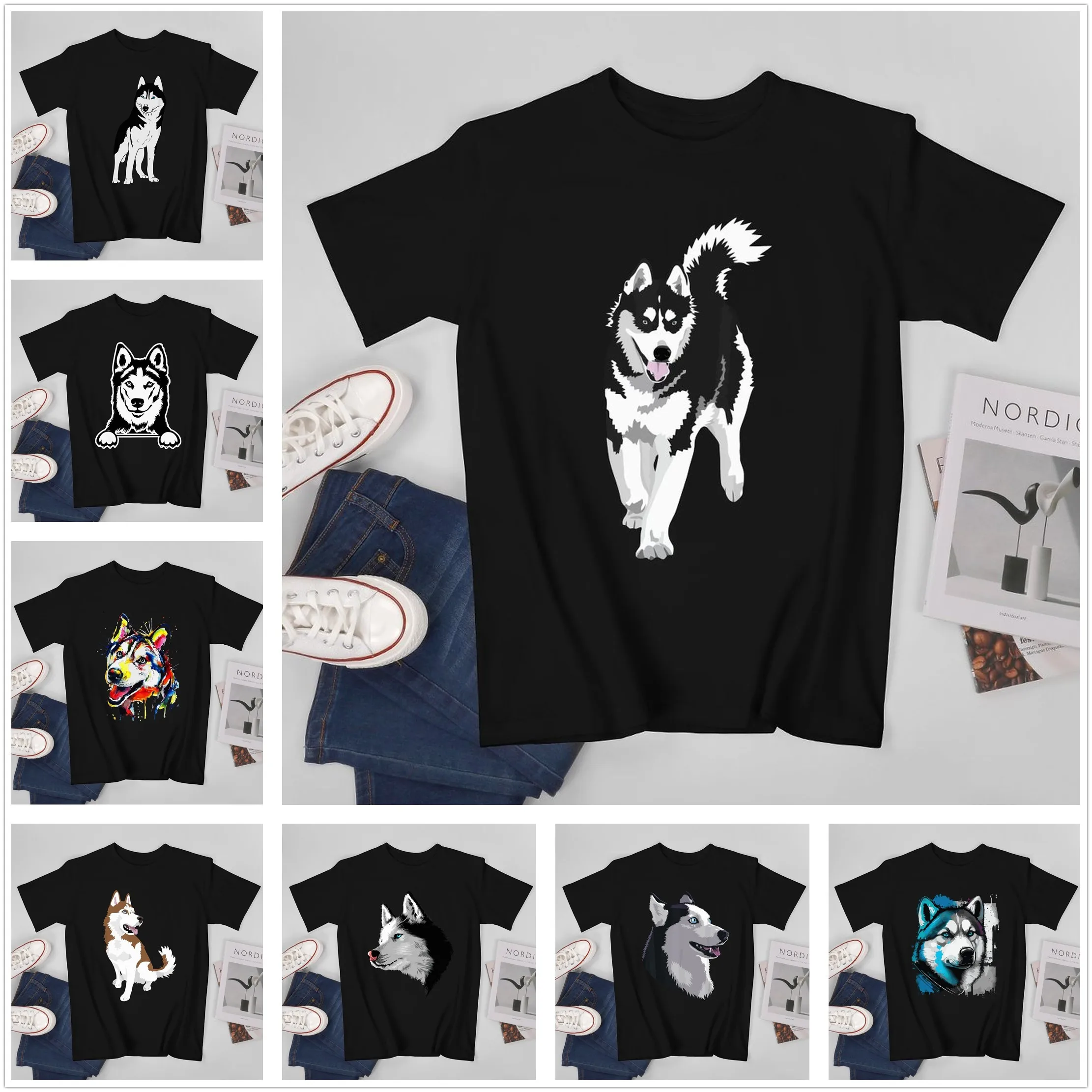 Camiseta con diseño de perro de las nieves Siberian Husky en blanco y negro para hombre, camisetas con cuello redondo, camisetas para mujer y niño, 100% algodón