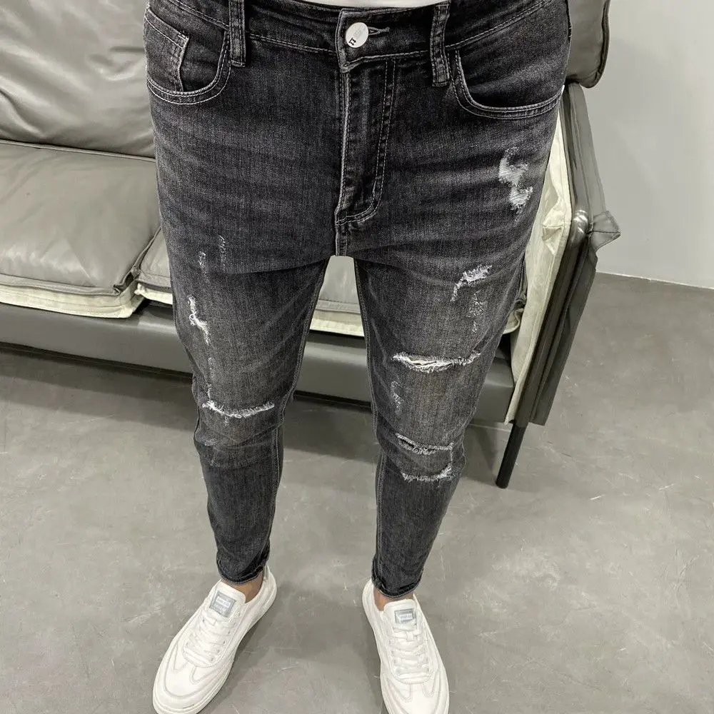 Black Ripped Soot Elastic Micro-span Slim-fitting Small-footed Denim Trousers Trendy Men New Clothes Cargo Denim Man Pants