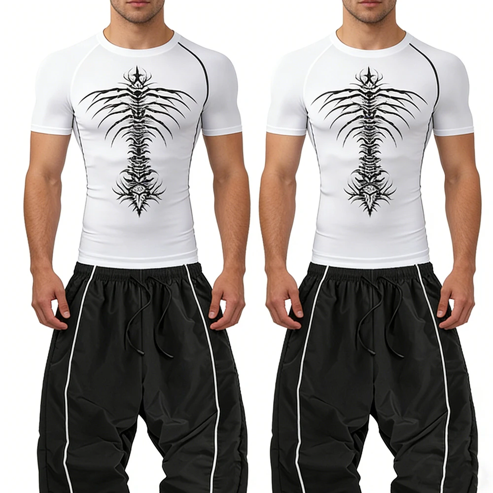 طقم ملابس رياضية صيفية للرجال برباط الخصر سروال طويل متعدد الألوان "هيكل عظمي" نمط طباعة في الهواء الطلق متاح للجري #2