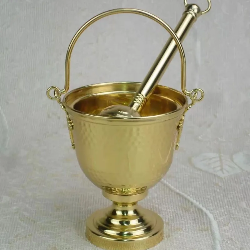Holy Water Pot Set Holy Water Tank Aspersory Spiristual Blessing Sprayer For Baptisms Brass High Polished Church Supplies