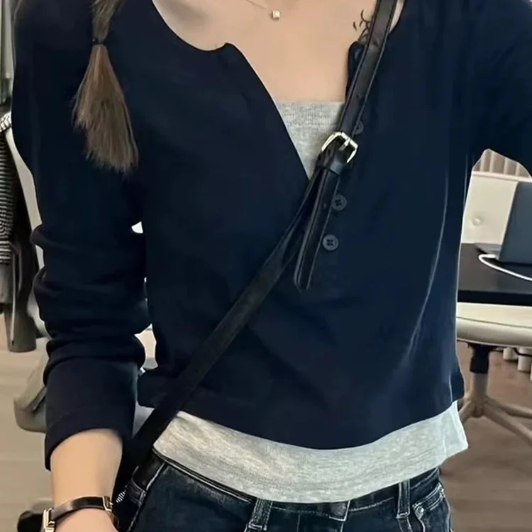 تي شيرت نسائي بأكمام طويلة من القطن بوهو بقصة ضيقة باللون الأزرق مرقع مريح من القماش المطاطي للخريف ملابس يومية للمكتب