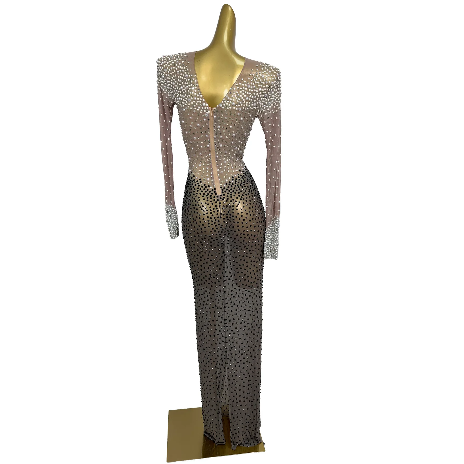 Pinhei Elegant Women Long Sleeved Dress Black White Color Blocking Pearl See Through Mesh Dress Birthday Cocktail Prom Gowns