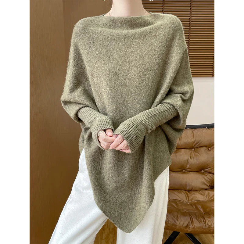 Hot Sale 100% Pure Wool Knitted Sweater Women Shawl Long Sleeve Loose Cashmere Knitwear 2024 Winter New Fashion Female Jumpers