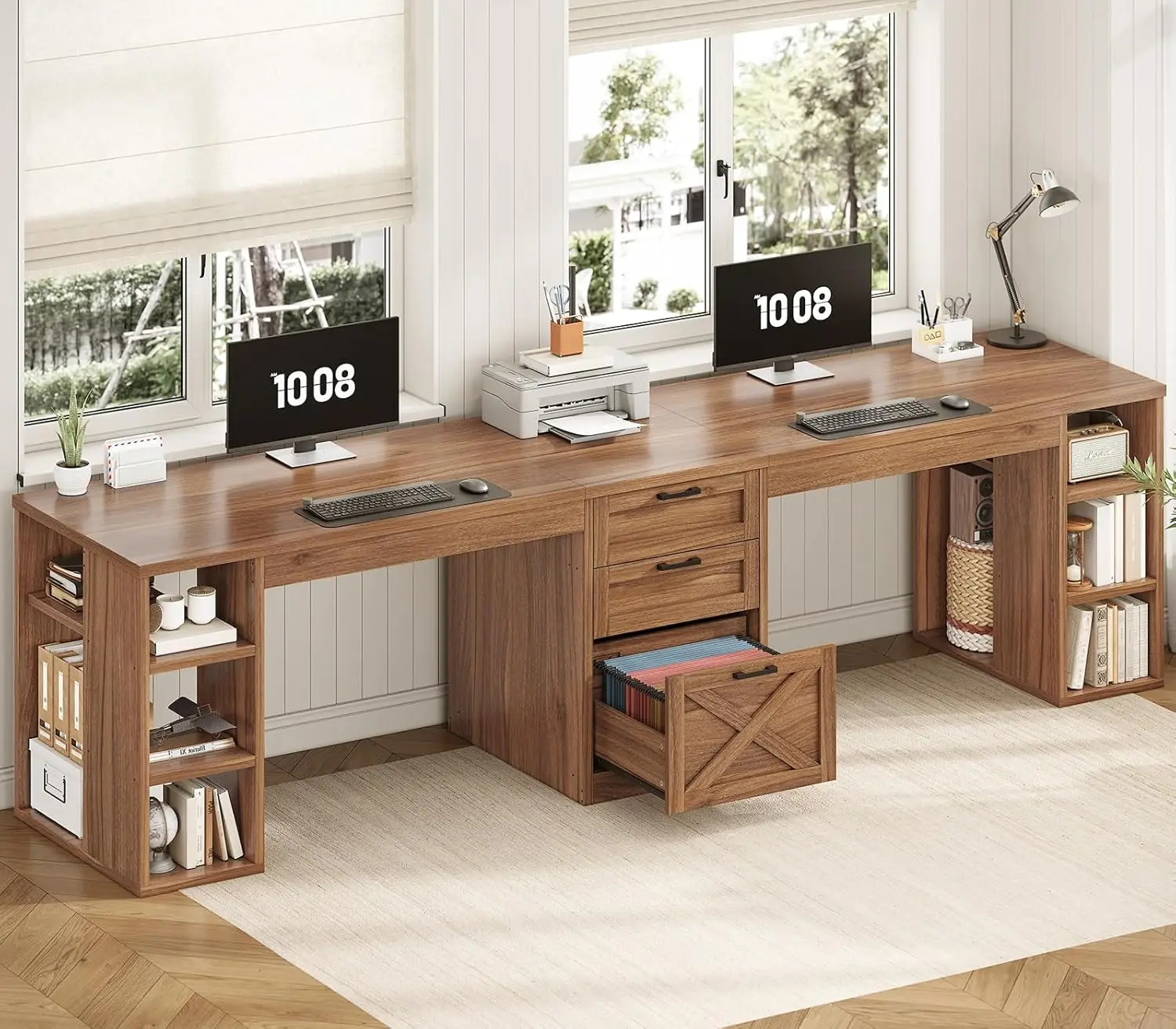 

Farmhouse 96.5" Computer Desk with Drawers, 2 Person Home Office Desk, Gaming Double Desk with Storage Shelves, Brown