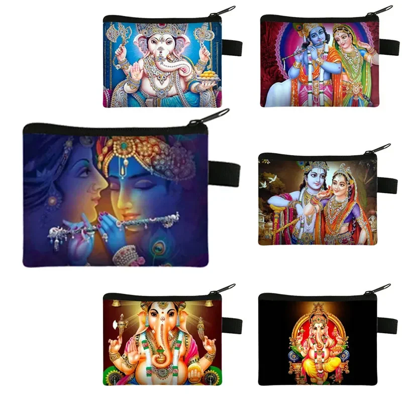 Indian Gods Radha Krishna Print Coin Purse Ganesha Ganapati Money Coin Bag  Elephant God Credit Card Holder Small Wallet Gift