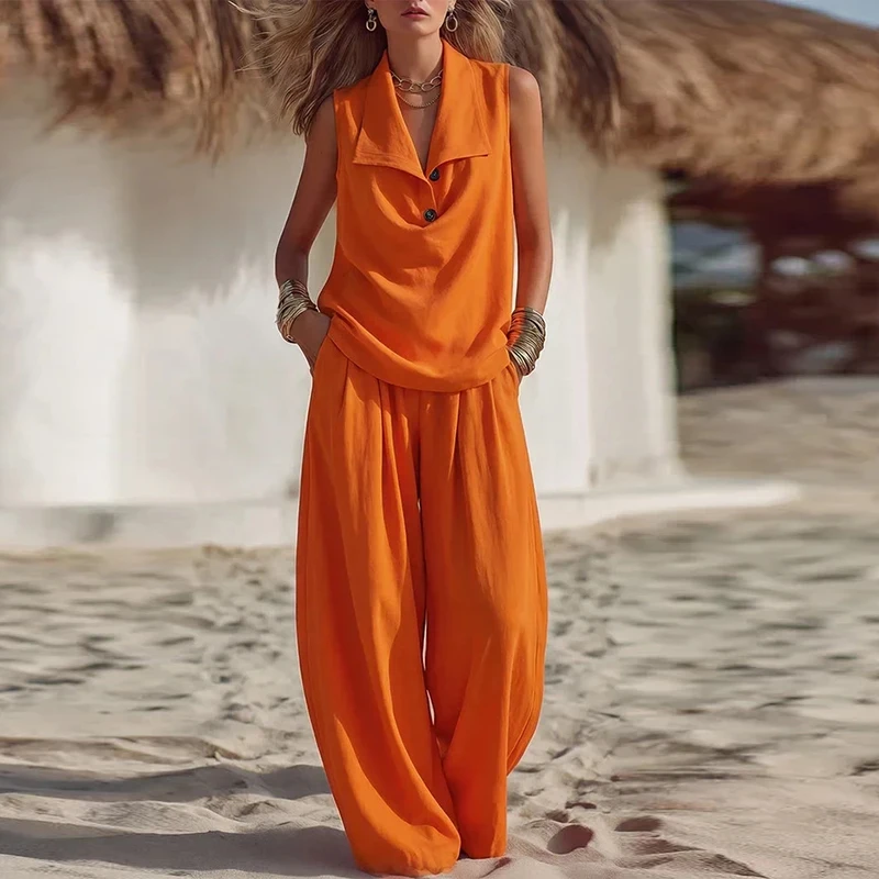 

Summer Turn Down Collar Vest Loose Wide Leg Pants Suit Women Casual Two Piece Set Sleeveless Women T Shirts Vacation Outfits