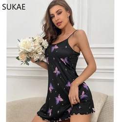 SUKAE Dazzling Butterflies Black Woman Nightgowns Sexy Slim Short Home Dress Strap Spaghetti Elegant Women Nightdress Lingerie