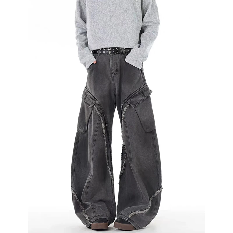 

YIBASHU Women Grey Cargo Baggy Jeans Y2K American High Street Harajuku Aesthetic Vintage Design Wide Leg Jeans Trousers Clothing