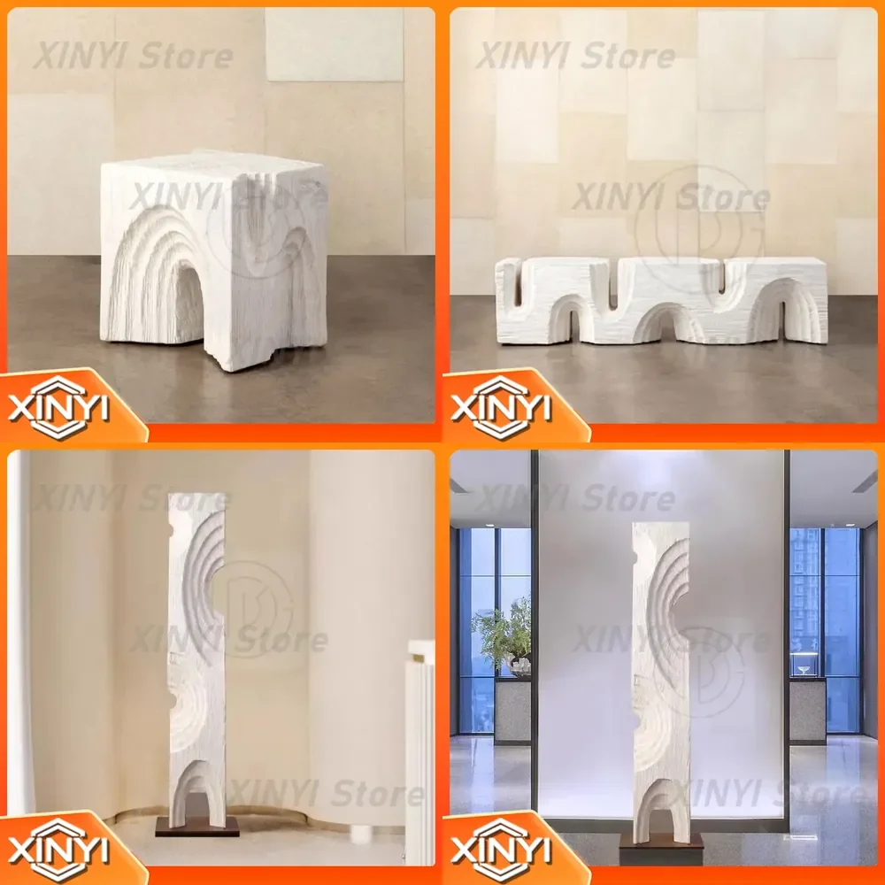 Yellow Travertine Four-Sided Slotted Geometry Marble Hexahedron Sculpture Table for Home Decor Living Room TV Cabinet Floor