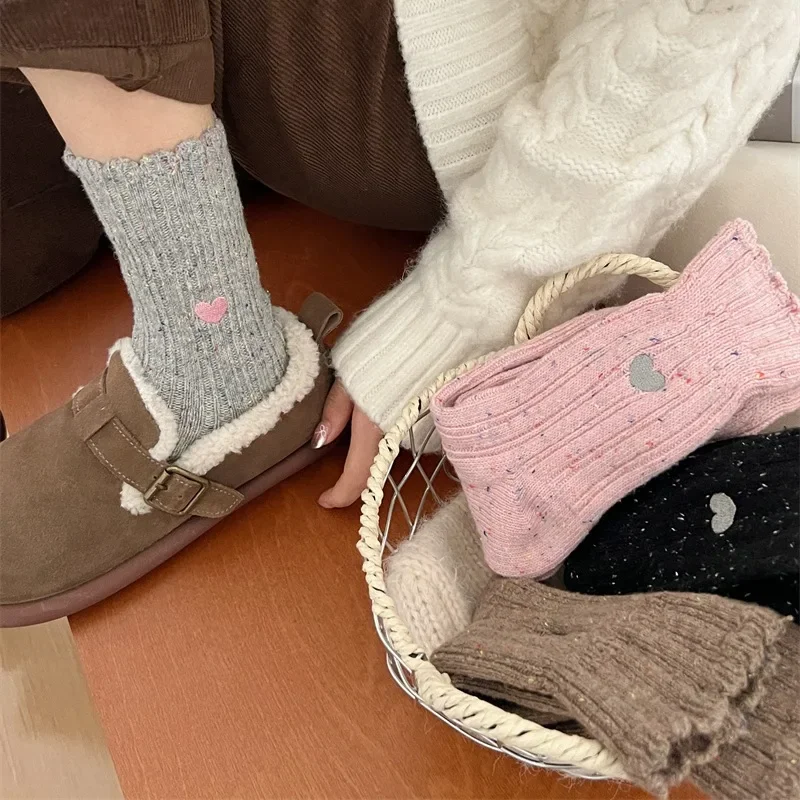 Korean Middle Tube Socks Women Heart Needle Thick Thread Knitted Soft Wool Color Dots Girls Pile Up Socks Women Accessory Gift