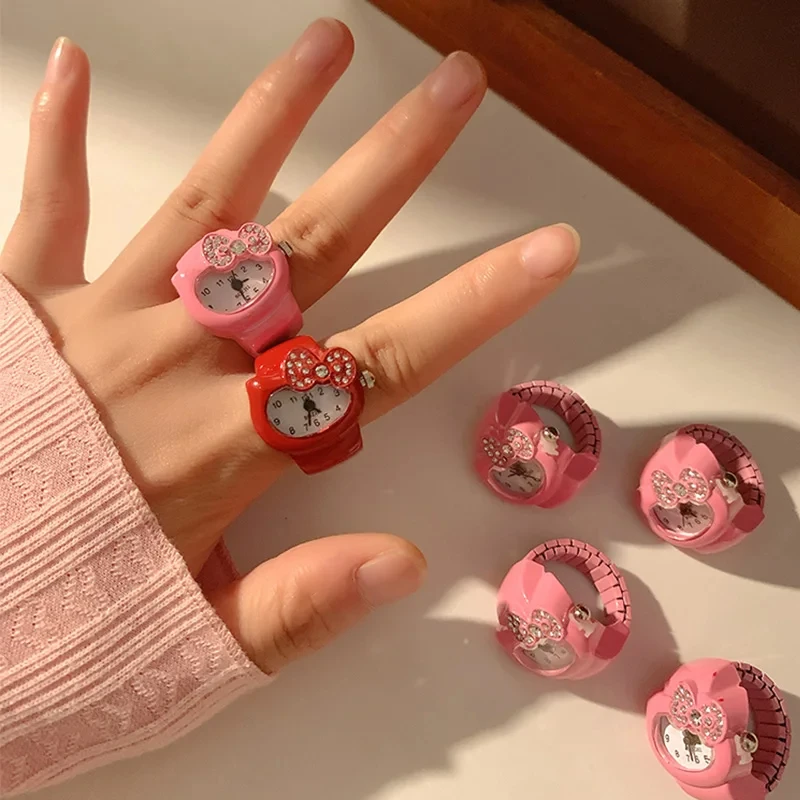 Lovely Rhinestone Bow Cat Clock Finger Ring for Women Girls Fashion Finger Adorn Accessories Punk Mini Quartz Rings 2024 New