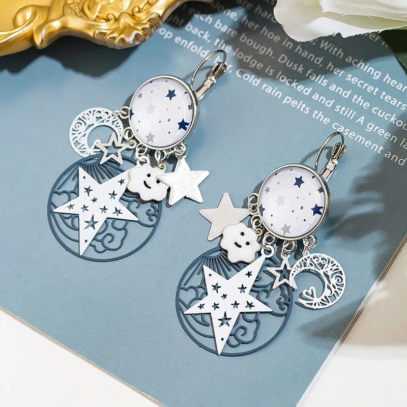 Boho Chic Rhodium plated Laser Cut Ear Wires White Bridal Earrings Moon Star And Sun Cloud Hoop Earrings Fashion Female Jewelry