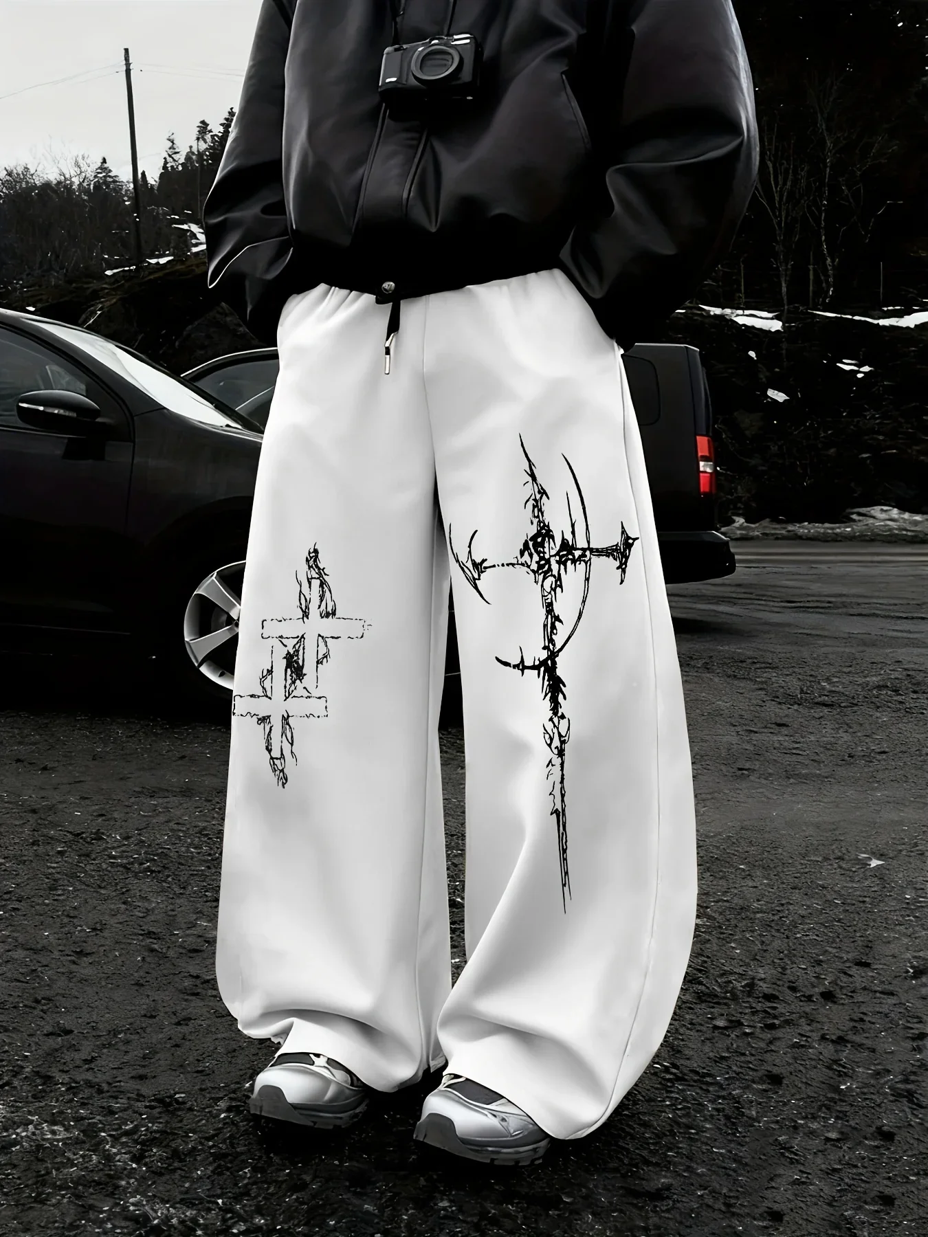Men Gothic Vertical Graphic Wide Leg Sweatpants Drawstring Loose Straight Baggy Y2K Dark Punk Streetwear Pants.
