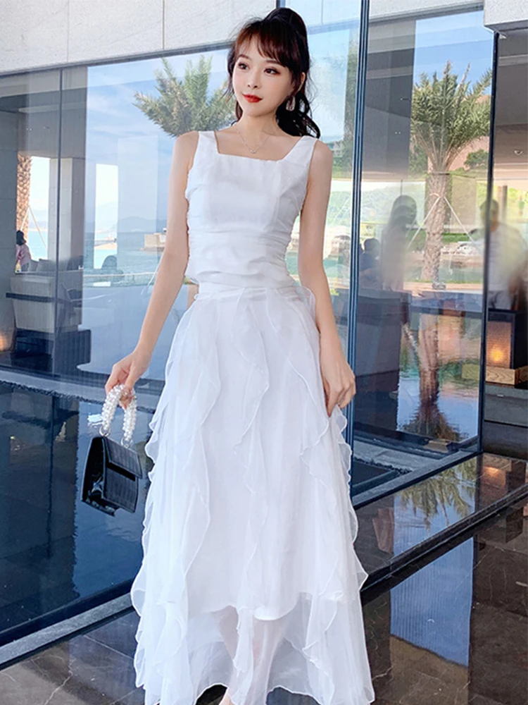 

Женская одежда Fairycore Sweet Holiday из двух предметов, женские белые топы, атласный жилет, футболка, шифоновая длинная юбка с оборками, Ser Femme Vacation