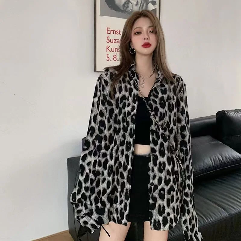 

plus Size Women's Loose Fitting Long Sleeve Chiffon Shirt Trendy Base Layer Leopard Print Neck mid Length Autumn Top