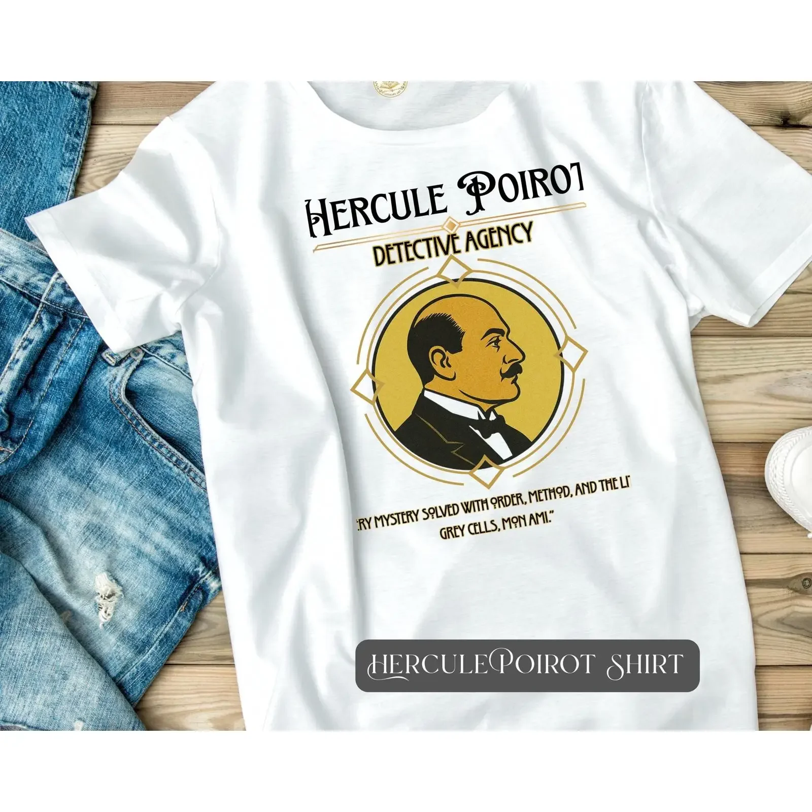 Agatha Christie Hercule Poirot Detective Agency T Shirt Little Grey Cells Mon Ami Mystery vintage Washed fashion Casual