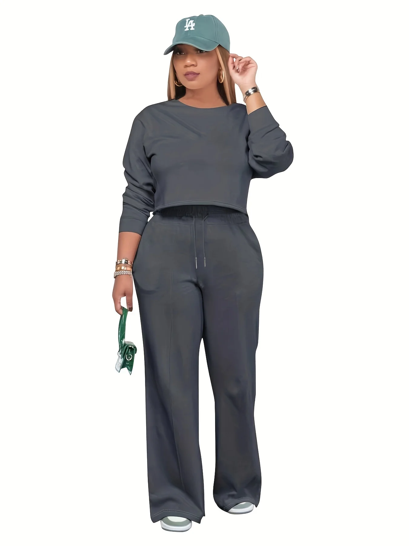 

Plus size solid color long sleeve long pants round neck two-piece set