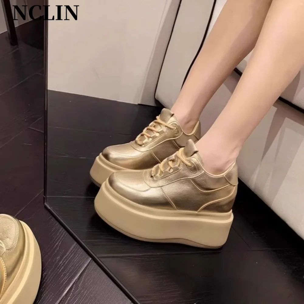 NCLIN Sneakers da donna in vera pelle punta tonda con tacco alto cucito scarpe stringate moda donna primavera autunno Sneakers