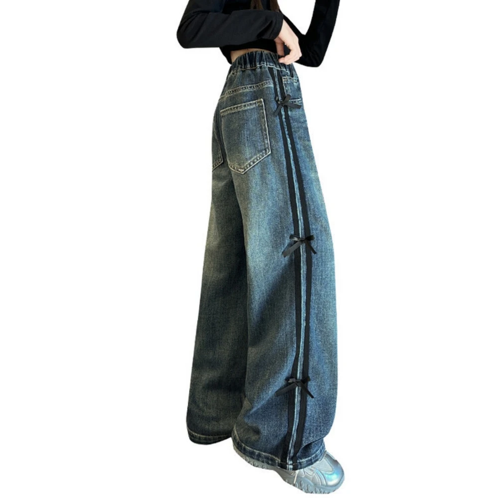 Girls' Spring and Autumn Jeans 2024 New Style Middle and Large Children's Fashion Bow Pulling Jeans Wide Legs