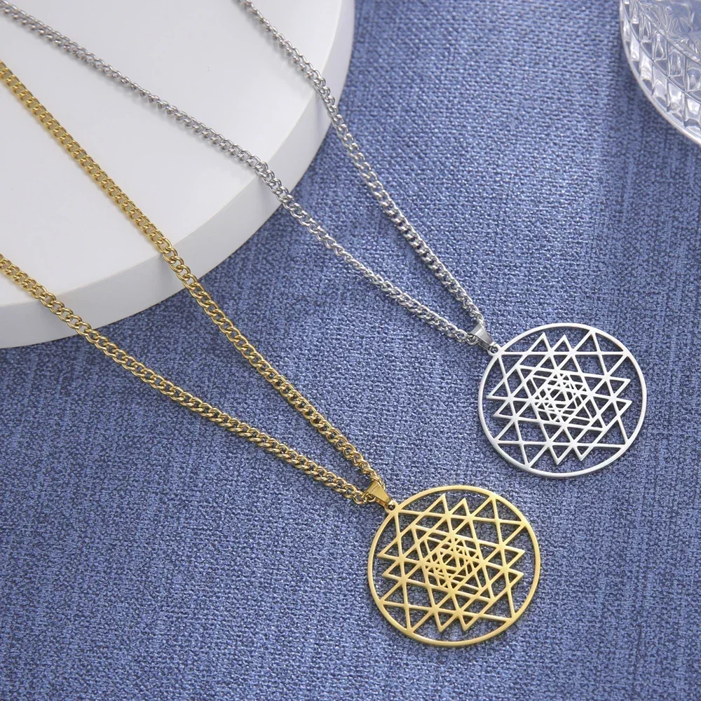 Hindu Sri Yantra Meditation Necklace Men Stainless Steel Gold Color Long Chain Necklaces Amulet Sacred Geometry Jewelry