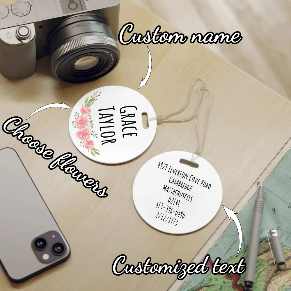 Personalized Luggage Tag Custom Text Flower Backpack Name Tag Father's Mother's Day Travel Decoration Gift Custom Luggage Tag