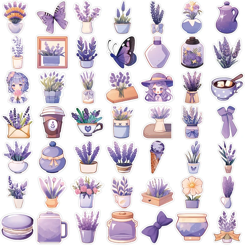 10/30/50PCS Purple Lavender PVC Sticker Aesthetic Children\'s Decoration Scrapbooking Korean Stationery School Supplies for Kids