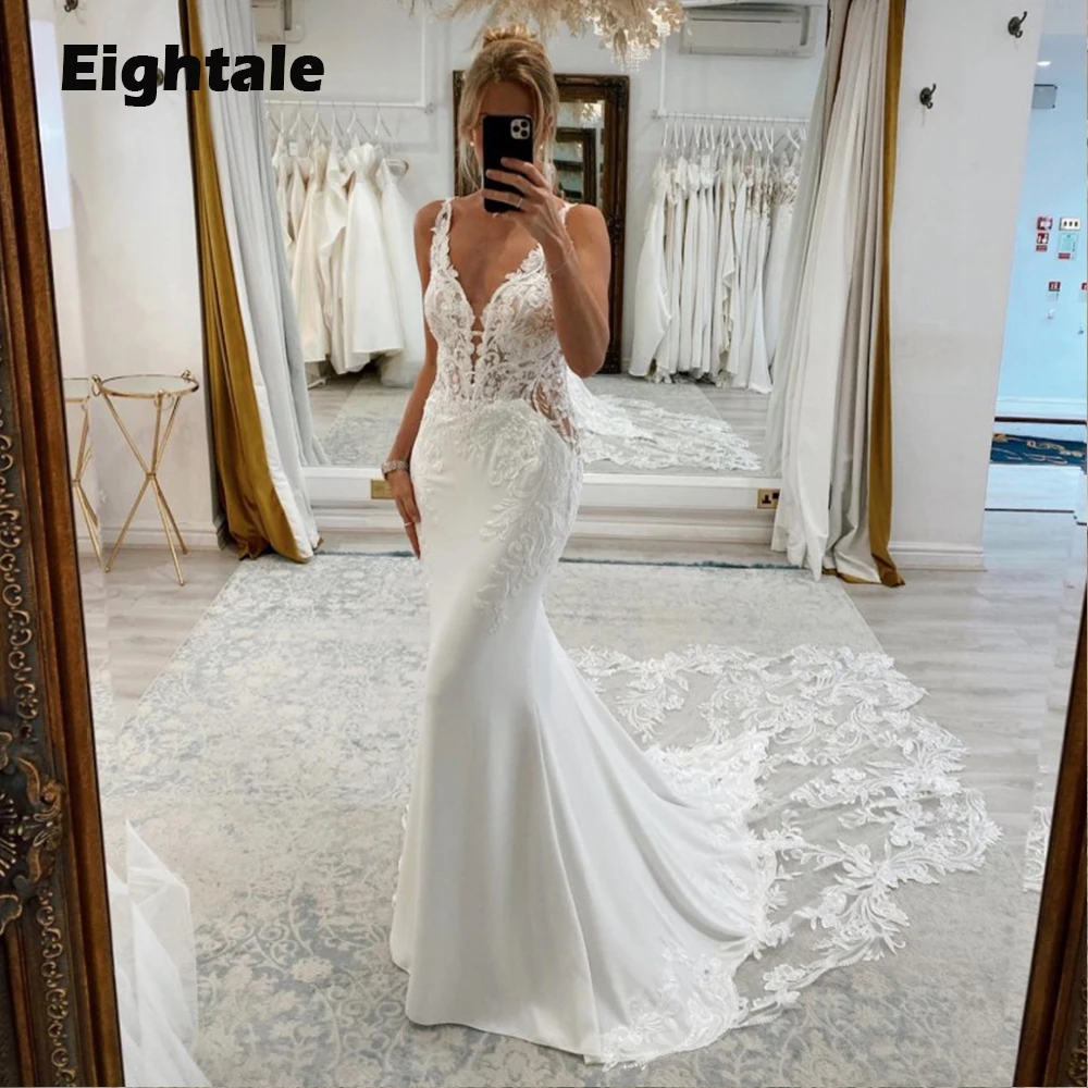 Eightale Boho Mermaid Wedding Dress Elegant V-neck Sleeveless Lace Stain Court Train Long Vestido De Novia Bridal Gown For Women