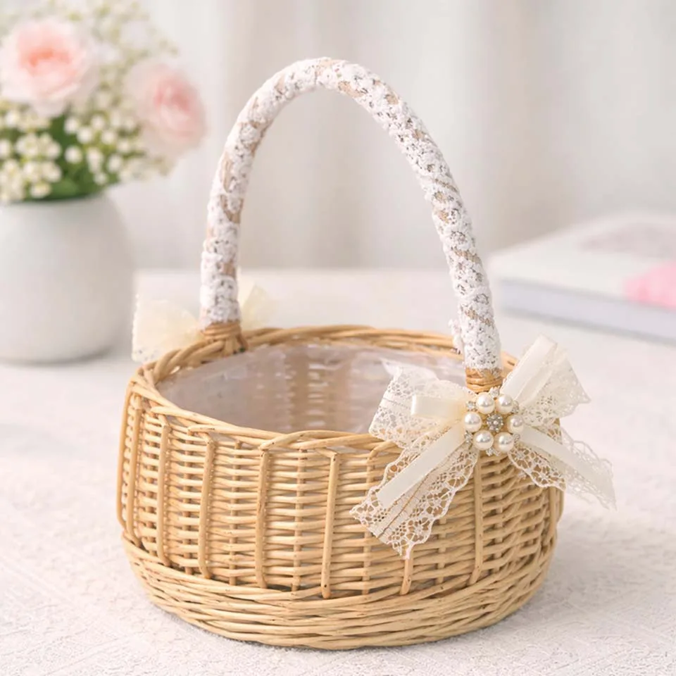 1pc Hand-woven Wedding Flower Basket With Handle Wicker Sundries Basket Wedding Flower Basket For Home Picnic Storage Basket view 5