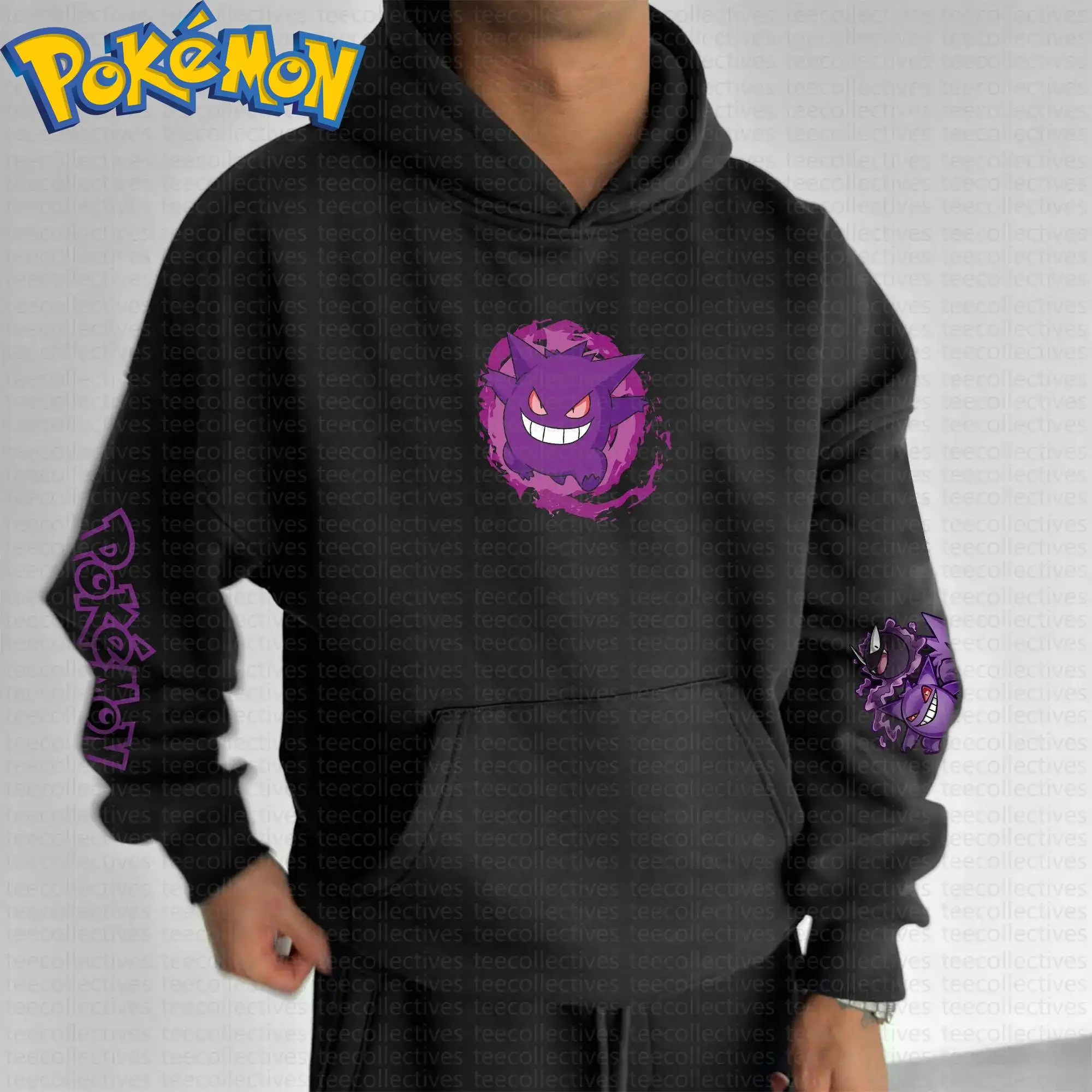 Pokemon anime gengar algodão hoodie cor preta personagem impressão com roxo fantasma brilhante efeito de energia padrão casual streetwear