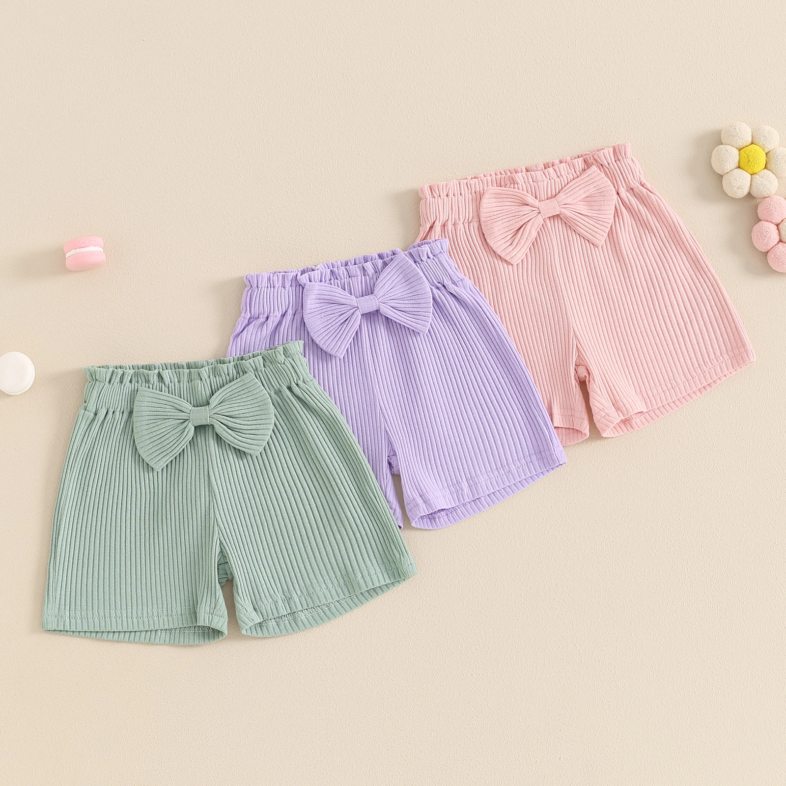 1-4Y Toddler Girls Summe 3 Pack Knitted Shorts Elegant Elastic Waist Bow Bottoms Summer Girls Loose Shorts for Casual Daily