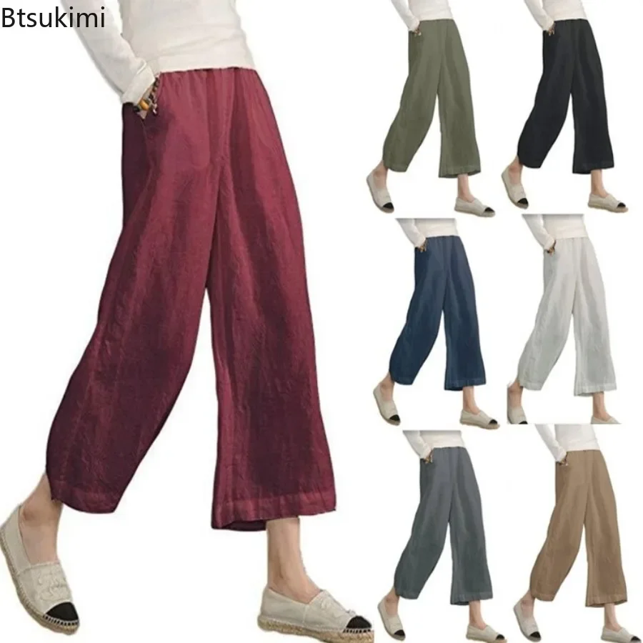 

2024 Spring Summer Women's Solid Cotton Linen Loose Casual Trousers Comfy Simple Pocket Wide Leg Pants Ladies Ankle-length Pants